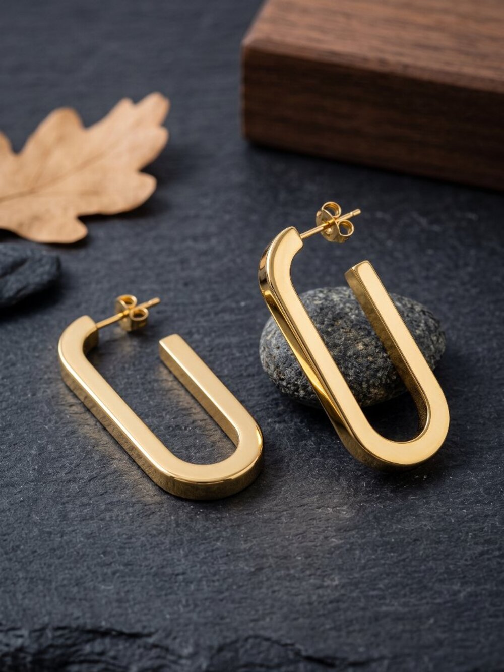 Chunky Gold Hoop Earrings U Shape Oval 18K Plated Minimalist Clean Girl 1.55"